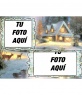 Tajeta de Navidad en la que podrás poner dos fotos, fondo de pueblo nevado y unos