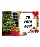 Tarjeta navideña en la que tu foto aparece en un marco dorado con un lazo rojo y un
