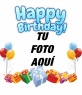 Fotomontaje para hacer de tu fotografía una felicitación de cumpleaños. La composición desea un feliz cumpleaños en azul. La tarjeta está adornada con globos y regalos de colores.