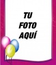 Marco de cumpleaños que puedes utilizar como postal, borde rosa con globos de colores en una esquina