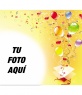 Marco para una fotografía con motivo de fiesta de cumpleaños, de fondo amarillo y con serpentinas, estrellas y globos de colores saliendo de una caja de regalo.