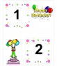 Postal de cumpleaños para dos fotos, con motivos de pastel, payaso y globos.