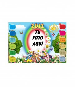 Calendario del 2012 personalizable con tu foto, con marco con forma de arco iris, un sol, margaritas y
