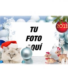 Christmas navideño para este 2011. Felicita la navidad con esta postal personalizable con una fotografía. Fondo azul con bolas y otros adornos, como perlas, copos de nieve y un gato blanco con un gorro de Papá Noel. En una bola roja, hay pintado en oro un 2011. La composición la complementan un par de cervatillos con atavíos