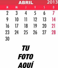 Calendario de Abril de 2013 para personalizar con tu foto online