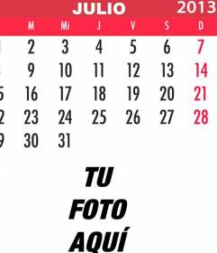 Calendario del mes de Julio de 2013 para personalizar con tu foto online