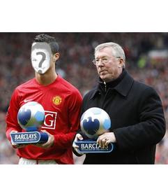 Entra en el mundo del fútbol gracias a este fotomontaje de deportes, en el que insertar una cara en el cuerpo de Cristiano Ronaldo junto a Alex Ferguson, agarrados a dos trofeos en forma de balón que hacen publicidad de una famosa entidad financiera.