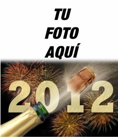 Tarjeta de felicitación del nuevo año 2012, con fuegos artificiales y botella de