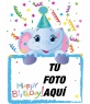 Felicitación de cumpleaños en la que incluir una fotografía que aparecerá sujeta por un elefante azul. Fondo de fiesta.
