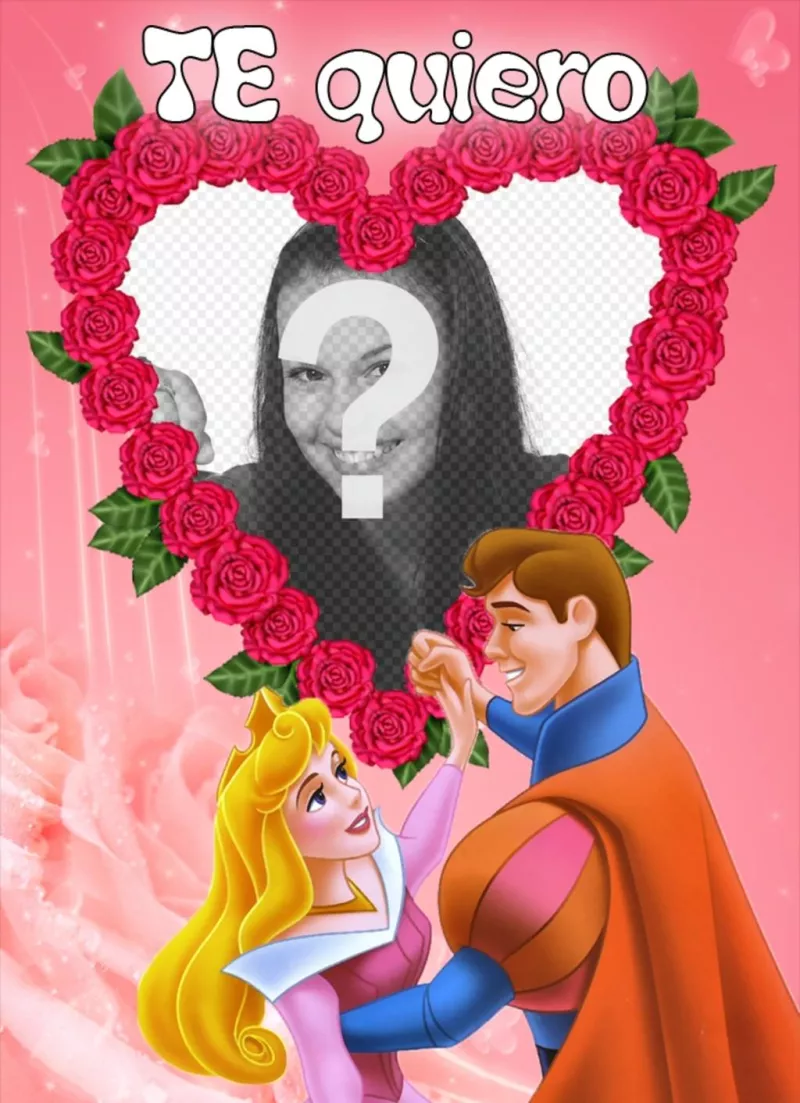 Marco para poner tu foto, de corazón formado por rosas y un príncipe y una princesa. ..