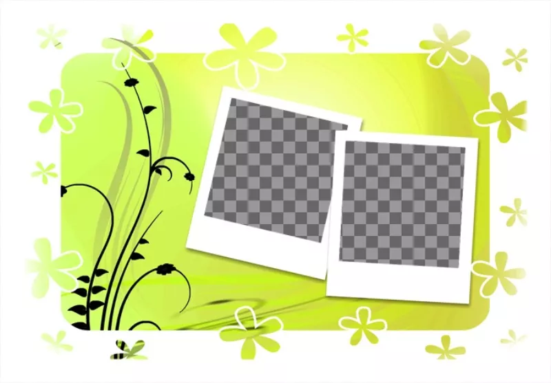Decora tus fotografías con esta plantilla para dos fotos, de fondo verde y marcos estilo polaroid...