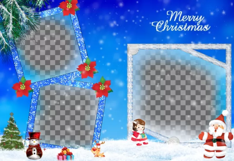 Postal navideña en la que podemos incluir tres fotografías junto con regalos de Santa Claus...