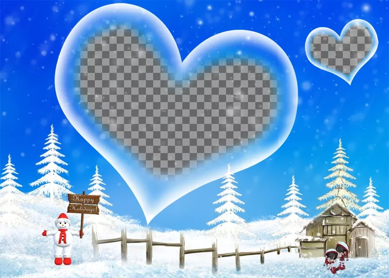 Postal de fondo azul y paisaje nevado que nos felicita las vacaciones de invierno, con un marco en forma de corazón en el que insertar tu..