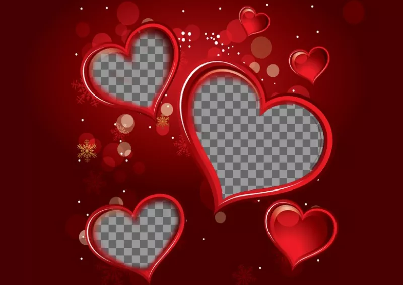 Marco color rojo para una fotografía digital que aparecerá dentro de tres corazones. Complementa tu regalo de San Valentín con este detalle lleno de..