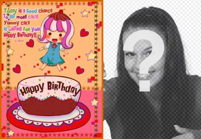 Tarjeta de cumpleaños para niños. Con una foto de una niña con un pastel, corazones y..