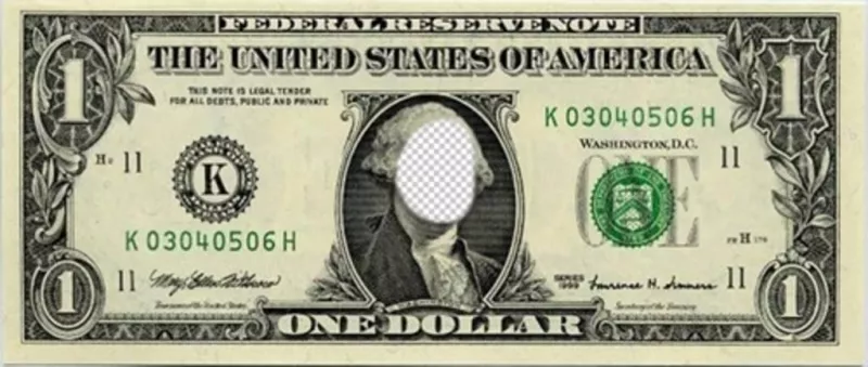 Original fotomontaje donde puedes poner tu cara en el billete de un dolar ..