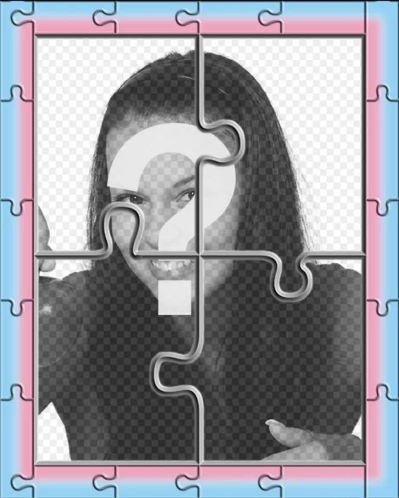 Fotomontaje que imita a un puzzle, para una fotografía con un marco rosa y azul. Convierte tu foto en un..