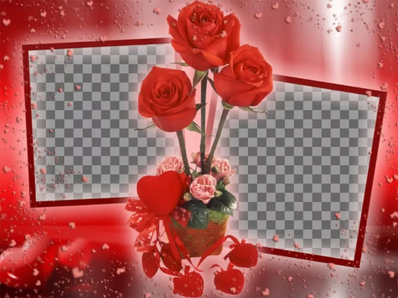 Marco para fotos en el que podrás poner dos imágenes que aparecerán unidas por unas rosas. fondo de color rojo con..