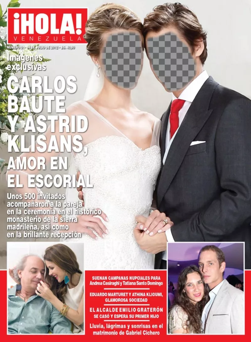 Fotomontaje en el que puedes aparecer en la portada de la revista *Hola* con tu pareja vestidos de boda con vestido blanco de novia y traje de..