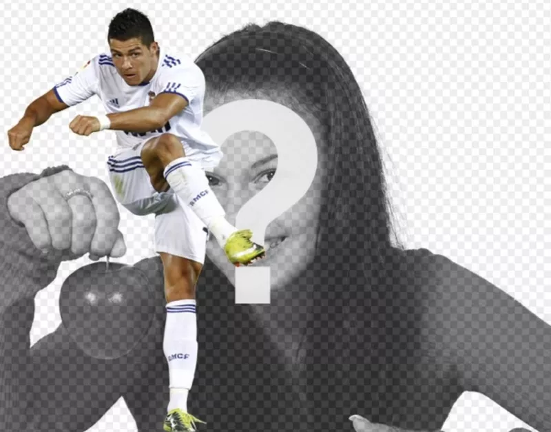 Fotomontaje con Cristiano Ronaldo del Real Madrid entrenando a Fútbol con el uniforme blanco ...