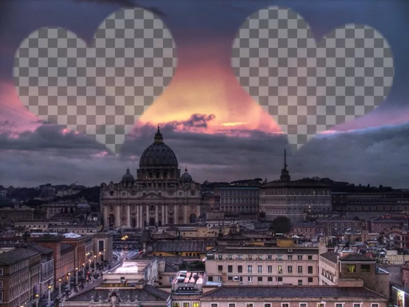 Collage de amor con una fotografí­a de Roma y dos corazones en los que poner tu foto y la de tu..