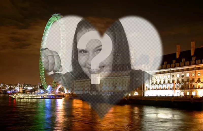 Fotomontaje de amor en Londres con un paisaje del London eye y un marco con forma de corazón en el que poner tu..