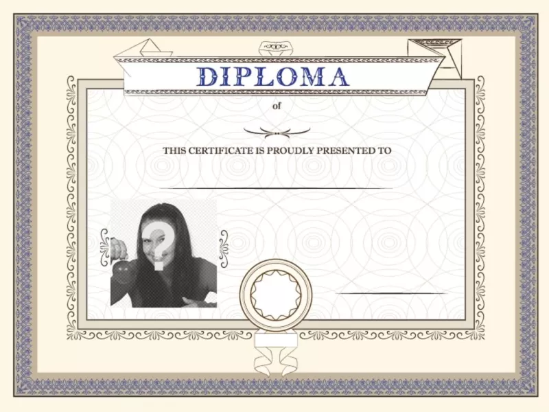Diploma personalizable de un logro, orgullosamente presentado a la persona que quieres en el que se puede colocar una foto y..