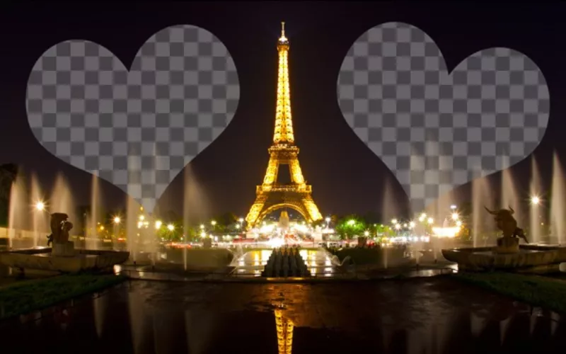 Fotomontaje con la Torre Eiffel iluminada en París y dos corazones donde colocar tus..