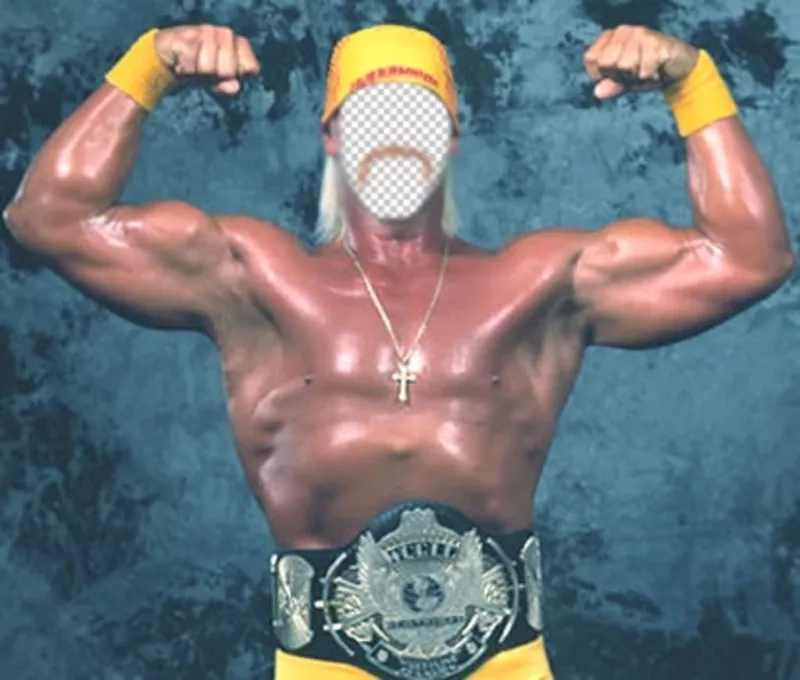 Montaje fotográfico para poner una cara en el cuerpo de Hulk Hogan demostrando su fuerza. ..