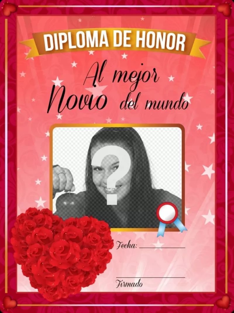 Diploma romántico al mejor novio con un hueco para poner vuestra foto, fecha y firma con una ramo de rosas rojas en forma de..