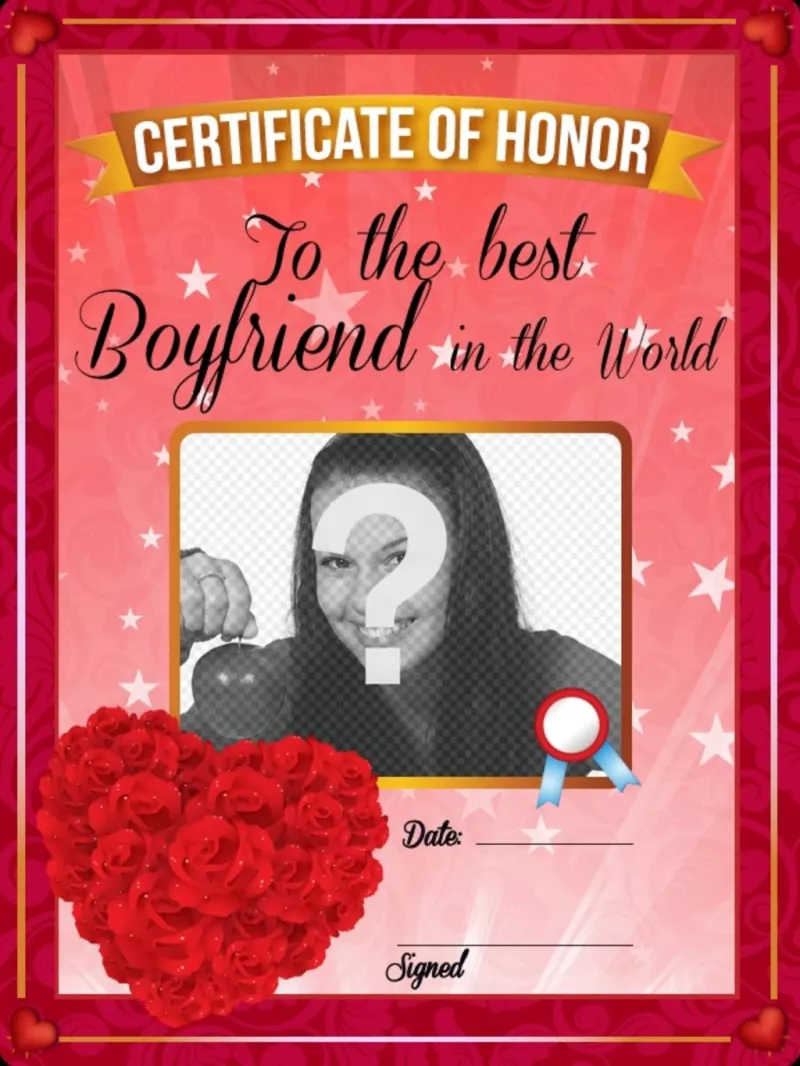 Diploma romántico personalizable al mejor novio del mundo con un corazón hecho de rosas..