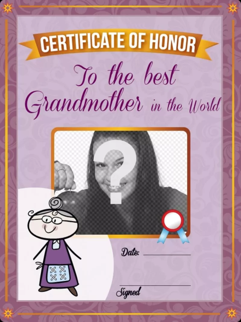 Diploma para imprimir y personalizar con una foto online de tu abuela..
