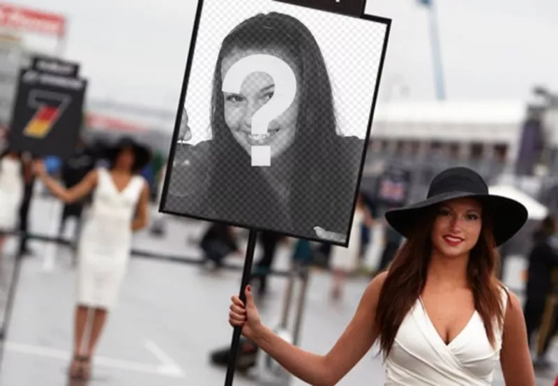 Fotomontaje con una foto de una chica de Fórmula uno con un cartel donde poner tu..