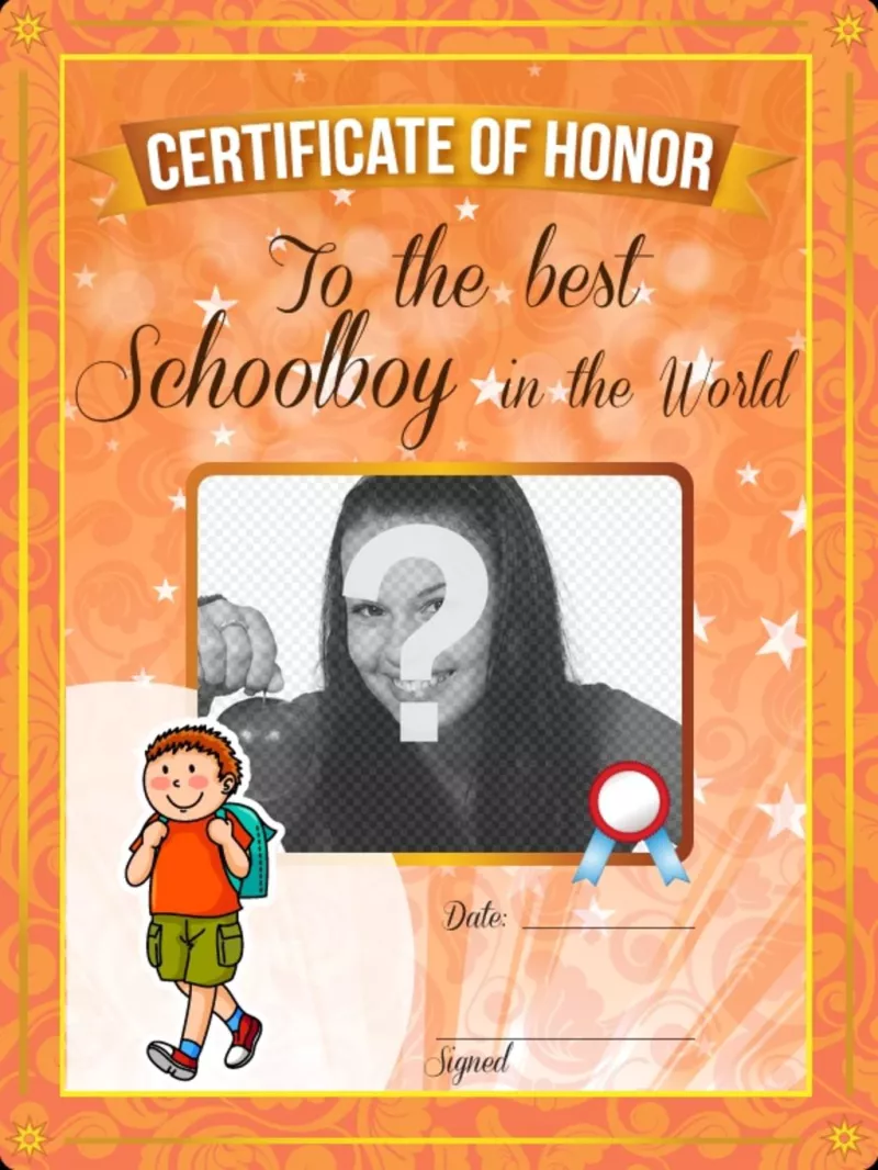Certificado de honor al mejor alumno del mundo para personalizar con una foto..