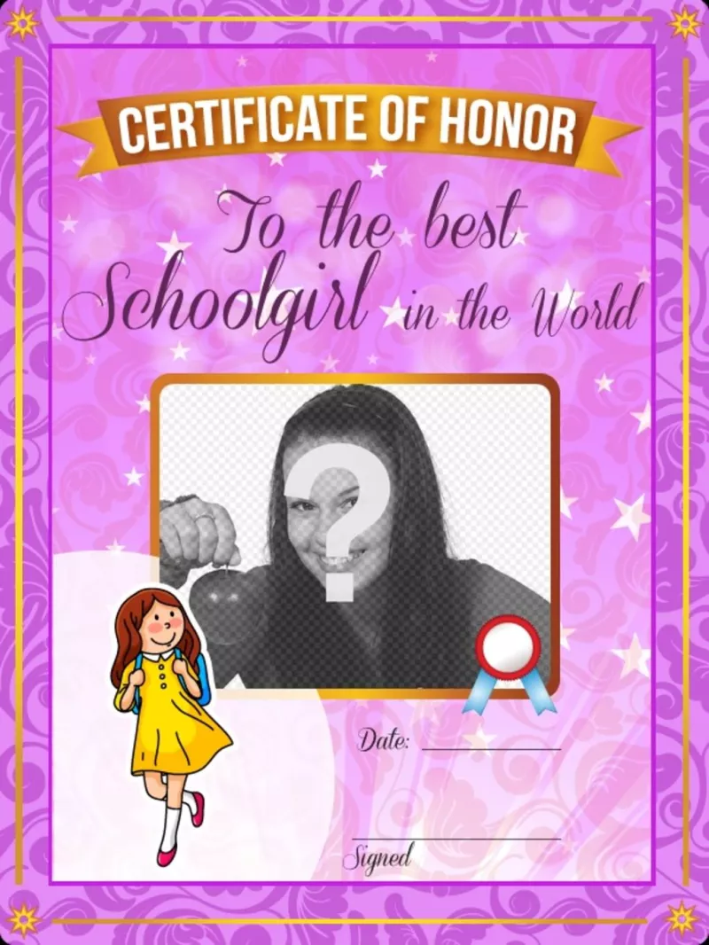 Diploma para personalizar con una foto para la mejor alumna del mundo con un marco..