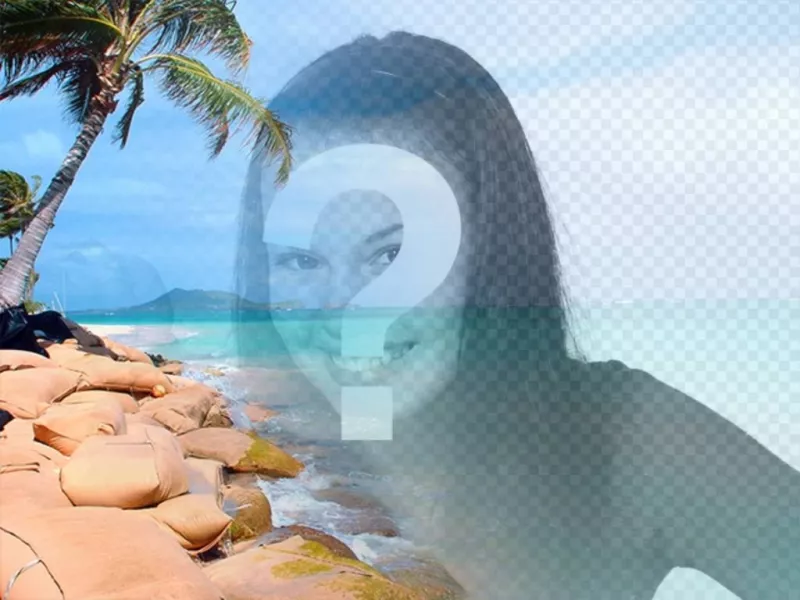 Collage con una playa paradisíaca con agua azul y palmeras para poner tu foto y personalizar con un..