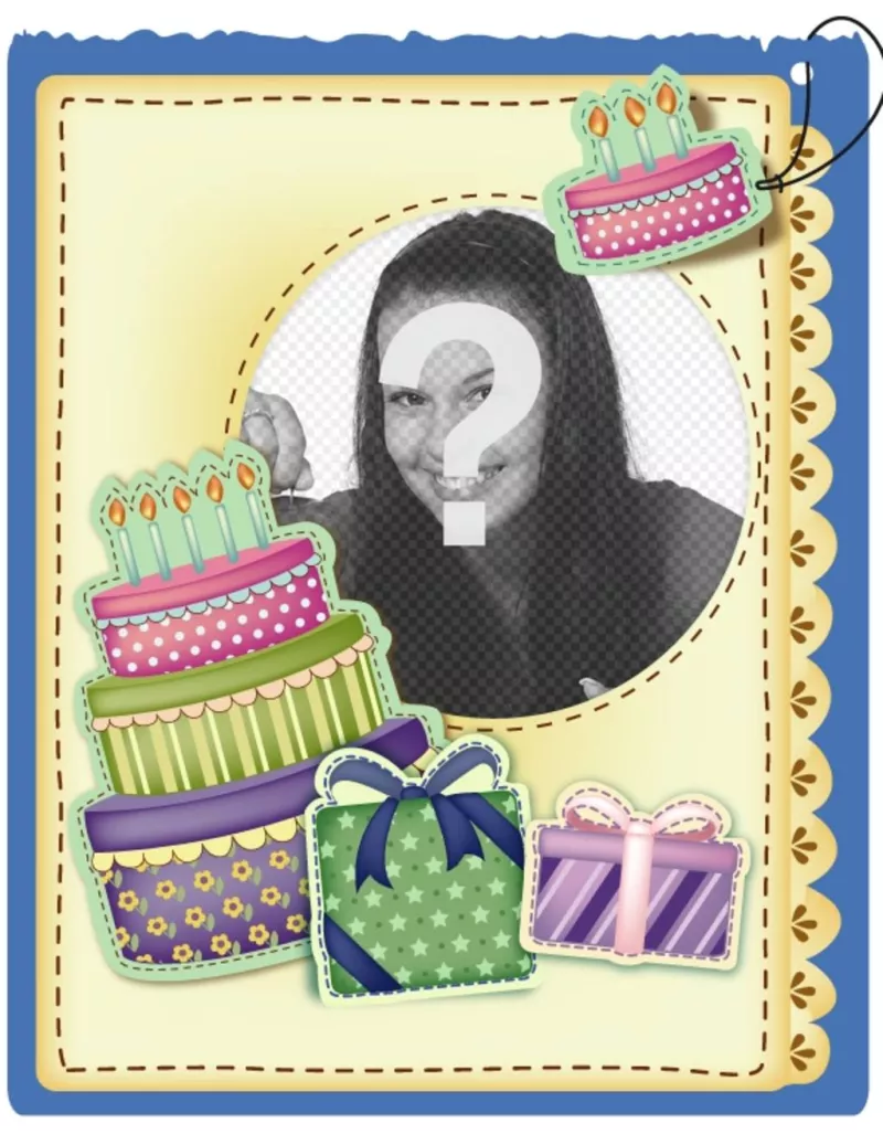 Tarjeta de cumpleaños con tarta y regalos efecto pegatina para poner la foto y la frase de felicitación que..
