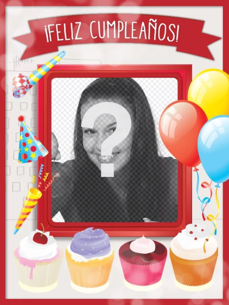 Tarjeta de cumpleaños con marco de fotos rojo, globos y pasteles para felicitar a tus..