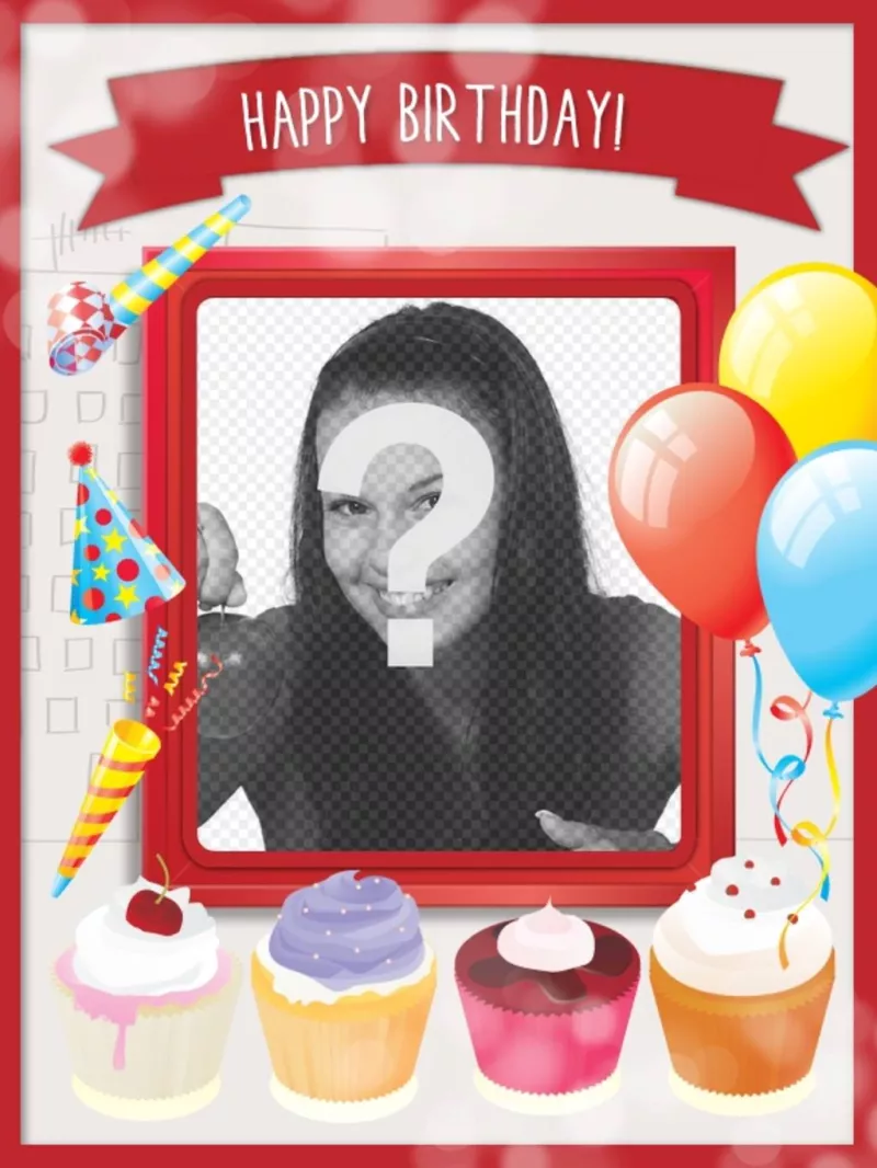 Postal de cumpleaños con tartas dulces y decoración festiva con globos y un marco rojo para poner una..