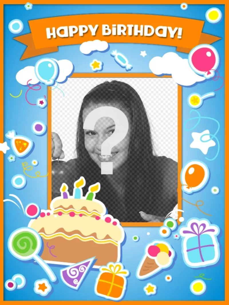Tarjeta para felicitar el cumpleaños y poner una foto online con una tarta, globos y regalos con efecto..