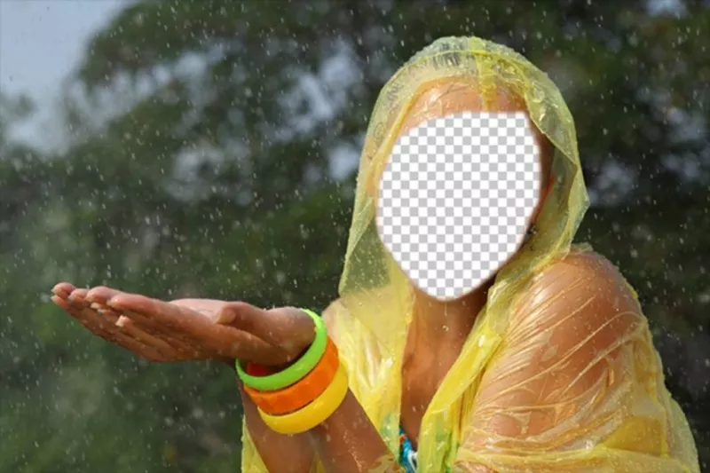 Fotomontaje de una chica con chubasquero amarillo bajo la lluvia ..