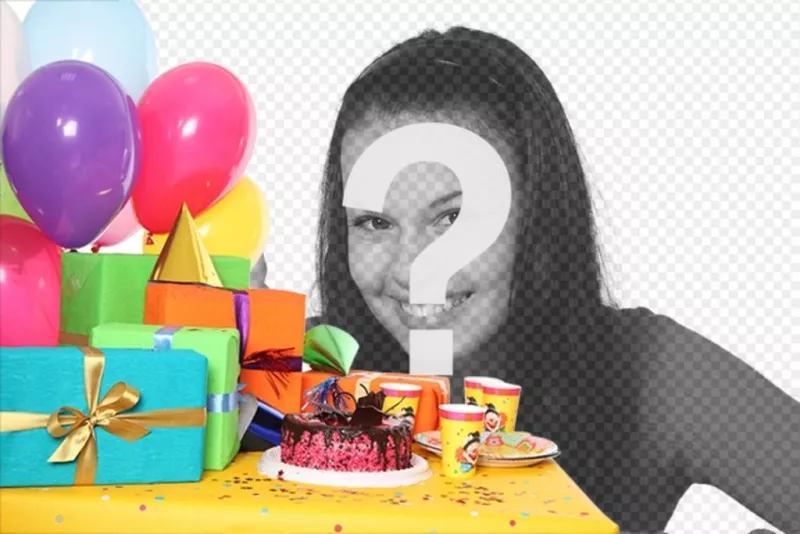 Tarjeta de cumpleaños con una fiesta con regalos, globos y una tarta para agregar una fotografía y..