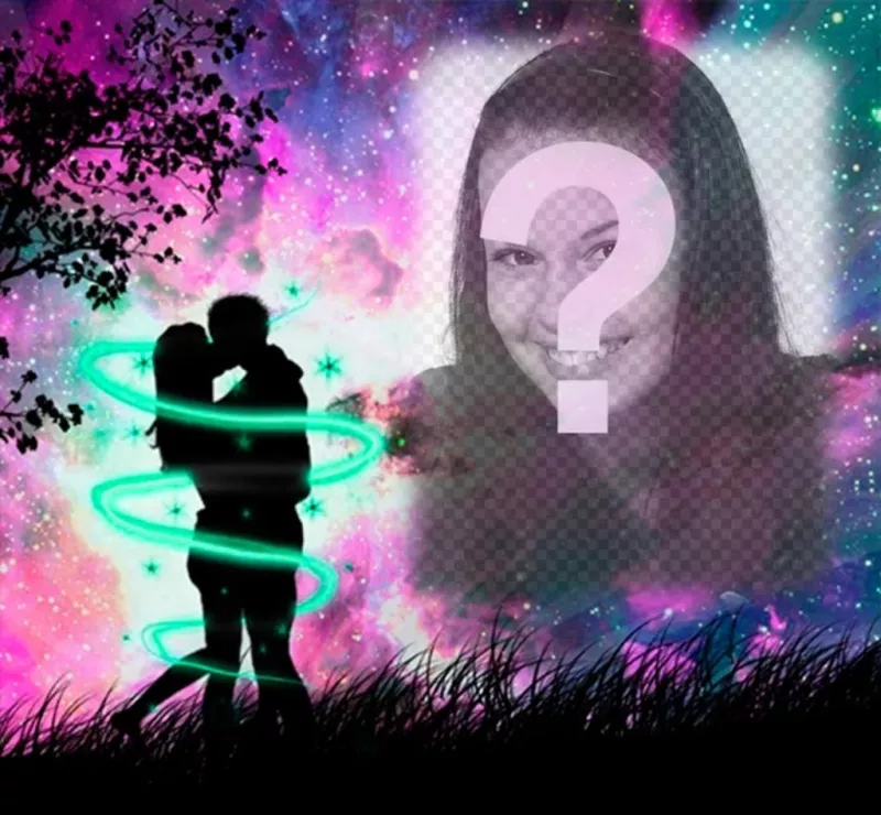 Marco de fotos de amor con una silueta de dos amantes besándose en el bosque con el cielo estrellado..