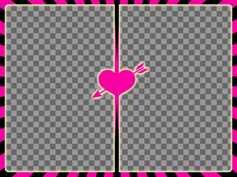 Marco para dos fotos fucsia y negro con un corazón con flecha en el centro para crear collages con tus fotos..