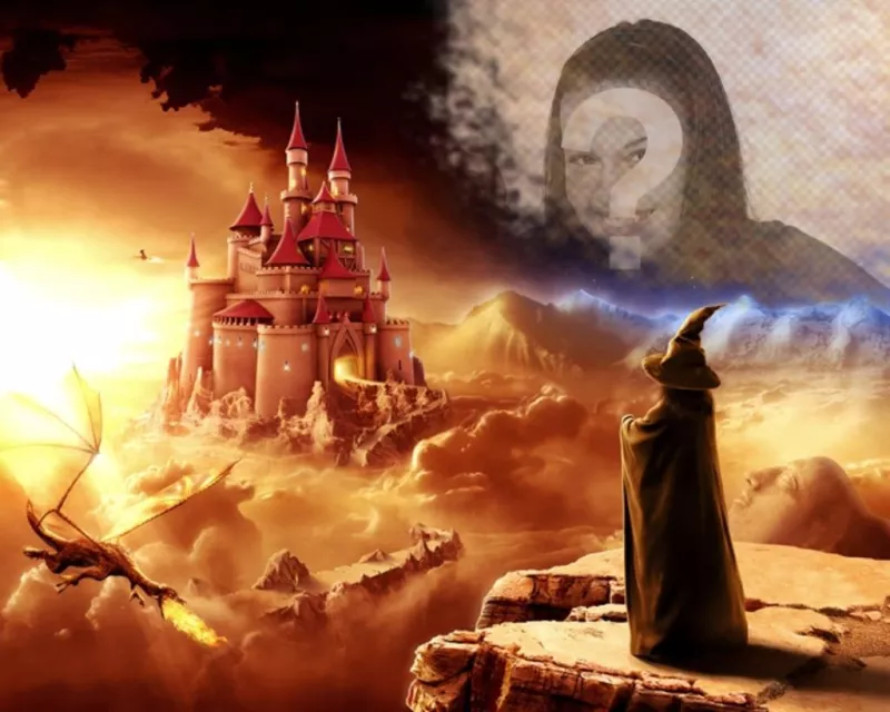 Crea un collage online en un mundo de fantasía con un mago mirando a un castillo y un dragón. ..