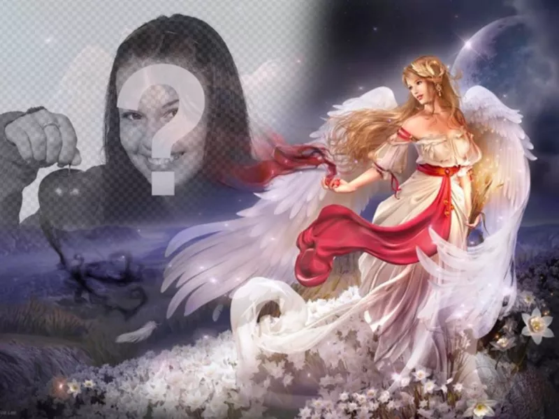 Crea un collage online con un ángel alado en forma de mujer en un mundo de fantasía rodeada de..