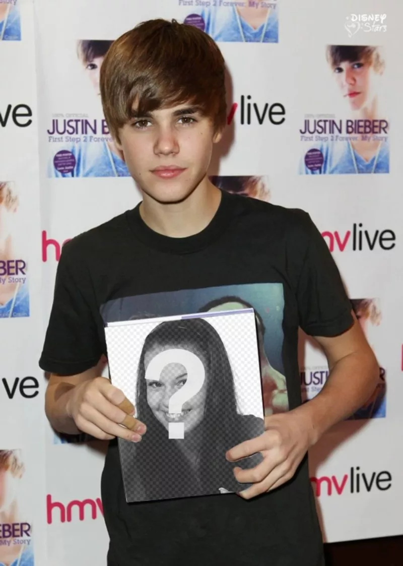 Fotomontaje para salir en la portada del libro de Justin Bieber sujetado por Justin con el pelo..