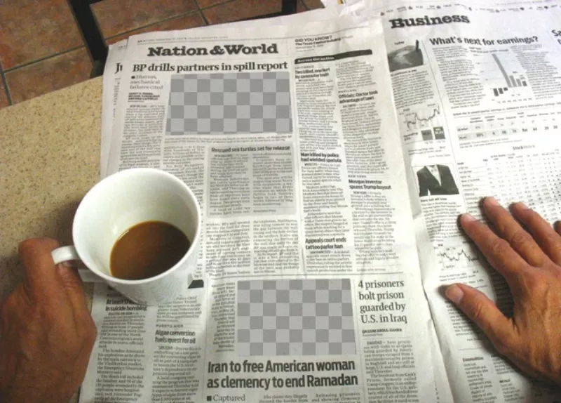 Fotomontaje con un periódico y alguien tomando una taza de café con dos huecos para poner tus imágenes y ser..