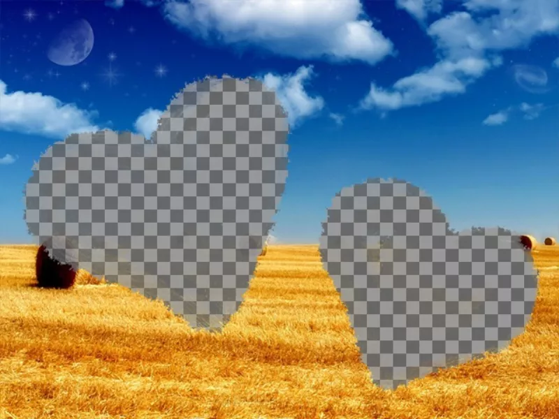 Collage de amor con dos corazones dibujados con tiza donde poner tus fotos y una imagen de un campo dorado con cielo azul en el..
