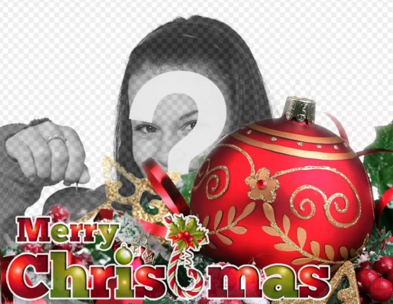 Postal de Navidad con una bola roja y adornos junto con el texto MERRY CHRISTMAS en colores navideños. ..